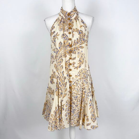 Zara Blogger Fave Women's High Collar Paisley Boho Flared Mini Dress Medium Tan - Picture 2 of 14